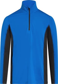 Blaues Herren-Langarmshirt mit schwarzen Seitenteilen.