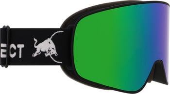 Skibrille mit schwarzem Band und Bullenlogo und grüner Spiegellinse.