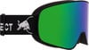 Skibrille mit schwarzem Band und Bullenlogo und grüner Spiegellinse.