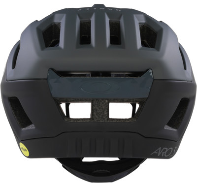 Rückansicht eines dunkelgrauen Oakley ARO3 MIPS Fahrradhelms. Rückansicht eines dunkelgrauen Oakley ARO3 MIPS Fahrradhelms.