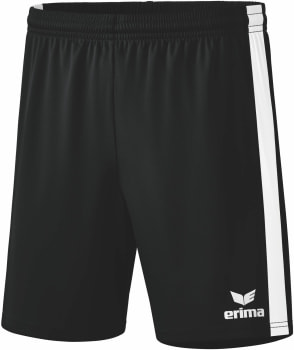 Schwarze Shorts mit weißem Seitenstreifen und Erima-Logo.
