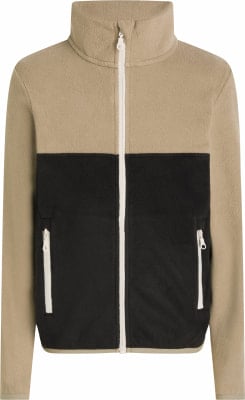 Braune Fleecejacke mit schwarzem Streifen und weißem Reißverschluss.