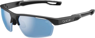 Schwarze Sportbrille mit blauen Gläsern und Bollé-Logo.