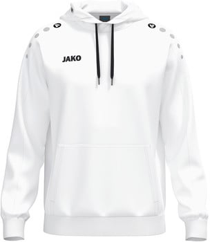 Weißer Kapuzenpullover von Jako mit schwarzen Kordeln und Logo.