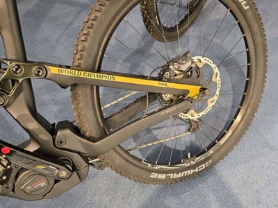 Das Hinterteil eines schwarzen E-Bikes mit der Aufschrift World Champion und Bosch-Motor. Das Hinterteil eines schwarzen E-Bikes mit der Aufschrift World Champion und Bosch-Motor.
