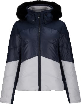 Eine blaue Winterjacke mit weißem und dunkelblauem Einsatz und schwarzer Fellkapuze.