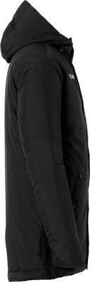 Schwarze Herren-Winterjacke mit Kapuze, von der Seite gezeigt. Schwarze Herren-Winterjacke mit Kapuze, von der Seite gezeigt.