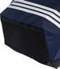 Dunkelblaue Tasche mit weißen Streifen und schwarzer Netztasche.