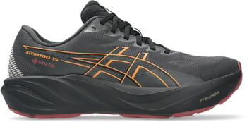 Szürke ASICS futócipő narancssárga csíkokkal és GORE-TEX felirattal.