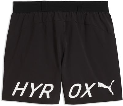 Schwarze Shorts mit weißem HYROX-Schriftzug und Puma-Logo.