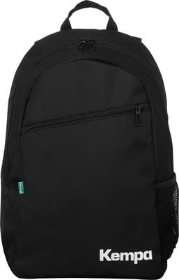 Schwarzer Rucksack mit Kempa-Logo und Fronttasche mit Reißverschluss. Schwarzer Rucksack mit Kempa-Logo und Fronttasche mit Reißverschluss.