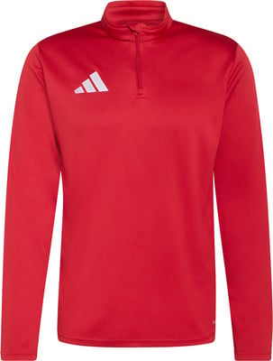 Ein rotes Adidas-Sweatshirt mit weißem Logo und kurzem Reißverschluss am Kragen. Ein rotes Adidas-Sweatshirt mit weißem Logo und kurzem Reißverschluss am Kragen.