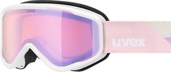UVEX Skibrille mit weißem Rahmen und pinker Spiegellinse.