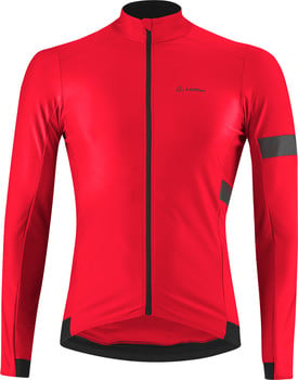 Rote Fahrradjacke mit schwarzem Reißverschluss und Löffler-Logo.