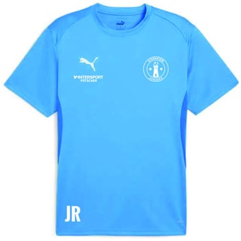 Ein blaues T-Shirt mit Puma-Logo, Intersport-Aufschrift und Sternstein Juniors-Emblem.