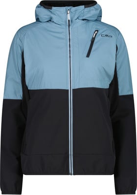 Blaue Jacke mit schwarzem Unterteil und Kapuze, Reißverschluss.