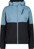 Blaue Jacke mit schwarzem Unterteil und Kapuze, Reißverschluss.