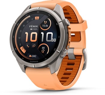 Eine Garmin Fenix Smartwatch mit orangefarbenem Armband und Digitalanzeige.