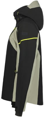 Schwarze Jacke mit beige-gelben Akzenten, Kapuze und Reißverschluss.