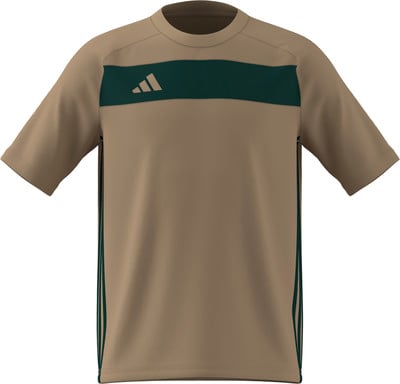Beiges Adidas T-Shirt mit dunkelgrünem Streifen und Logo.