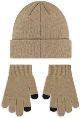 Beige Mütze und Handschuhe mit schwarzen Fingerspitzen. Beige Mütze und Handschuhe mit schwarzen Fingerspitzen.