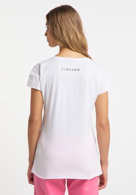 Damen-T-Shirt in Weiß mit kurzen Ärmeln und Logo auf dem Rücken.