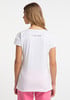 Damen-T-Shirt in Weiß mit kurzen Ärmeln und Logo auf dem Rücken.