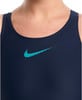 Dunkelblaue Badebekleidung mit türkisfarbenem Nike-Logo auf der Brust.