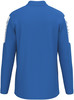 Blauer Pullover mit langen Ärmeln und weißen Streifen an den Schultern.