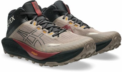 Herren-Laufschuhe von ASICS in Beige und Schwarz mit roten Akzenten.
