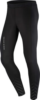 Schwarze Sporthose mit reflektierendem Muster und Logo am linken Bein.
