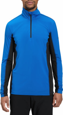 Blauer Herrenpullover mit Reißverschluss am Kragen und schwarzen Seitenpaneelen. Blauer Herrenpullover mit Reißverschluss am Kragen und schwarzen Seitenpaneelen.