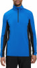 Blauer Herrenpullover mit Reißverschluss am Kragen und schwarzen Seitenpaneelen.