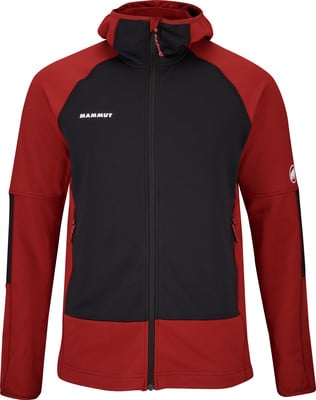 Herrenjacke in Rot und Schwarz mit Kapuze und Mammut-Logo. Herrenjacke in Rot und Schwarz mit Kapuze und Mammut-Logo.