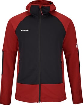 Herrenjacke in Rot und Schwarz mit Kapuze und Mammut-Logo.