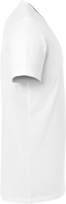 Weißes T-Shirt mit kurzen Ärmeln von der Seite gezeigt. Weißes T-Shirt mit kurzen Ärmeln von der Seite gezeigt.