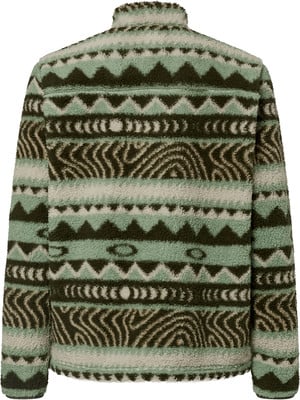 Rückseite einer hellgrünen Fleecejacke mit dunkelgrünem Muster.