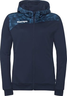 Dunkelblaue Herrenjacke von Kempa mit Kapuze und geometrischem Muster auf den Schultern. Dunkelblaue Herrenjacke von Kempa mit Kapuze und geometrischem Muster auf den Schultern.
