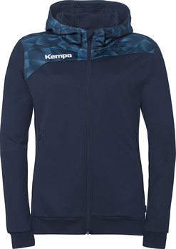Dunkelblaue Herrenjacke von Kempa mit Kapuze und geometrischem Muster auf den Schultern.