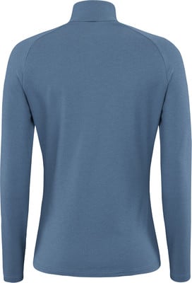 Rückansicht eines blauen Langarmshirts für Damen mit Stehkragen. Rückansicht eines blauen Langarmshirts für Damen mit Stehkragen.