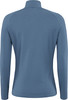 Rückansicht eines blauen Langarmshirts für Damen mit Stehkragen.