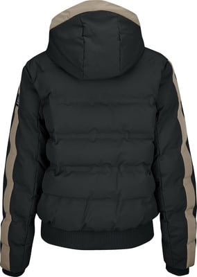 Schwarze Daunenjacke mit beigen Streifen an den Ärmeln und Kapuze. Schwarze Daunenjacke mit beigen Streifen an den Ärmeln und Kapuze.