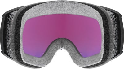 Skibrille mit violetter Spiegelscheibe und Schaumstoffdichtung.