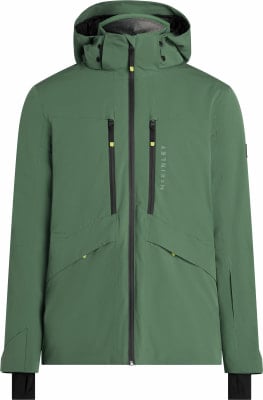 Grüne McKinley Herren-Skijacke mit Kapuze und schwarzen Reißverschlüssen.