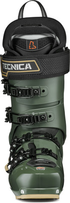 Ein grüner Tecnica Skischuh mit Schnallen und einem Recycling-Logo.