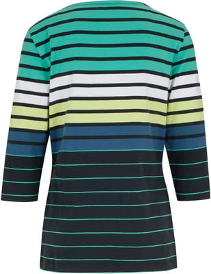 Gestreiftes Damen-T-Shirt mit 3/4-Ärmeln in verschiedenen Farben.