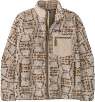 Beige Fleecejacke mit braunem Muster und Reißverschlusstaschen. Beige Fleecejacke mit braunem Muster und Reißverschlusstaschen.