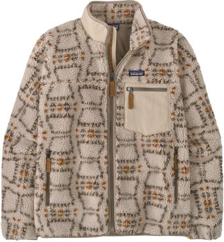 Beige Fleecejacke mit braunem Muster und Reißverschlusstaschen.