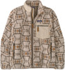 Beige Fleecejacke mit braunem Muster und Reißverschlusstaschen.