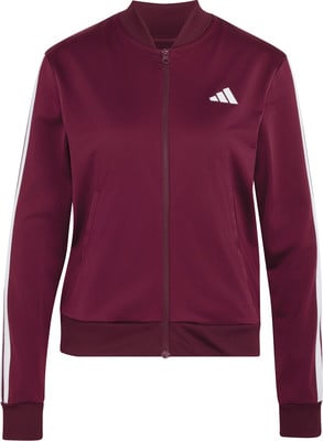 Weinrote Adidas Jacke mit weißen Streifen an den Ärmeln und Logo.
